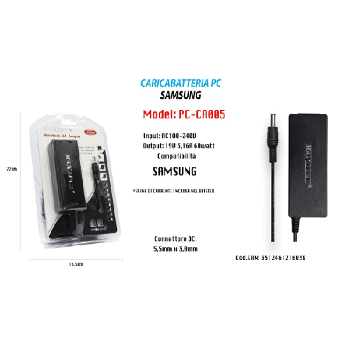 Maxtech-alimentazione Caricabatteria Universale Pc Samsung Notebook 19v 3,16a 60w Pc-ca005 -