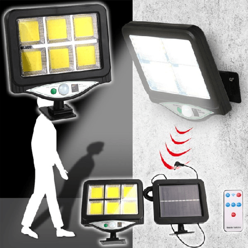 Faro Proiettore Con Pannello Solare Sensore Movimento Telecomando 128 Led 6 Cob -