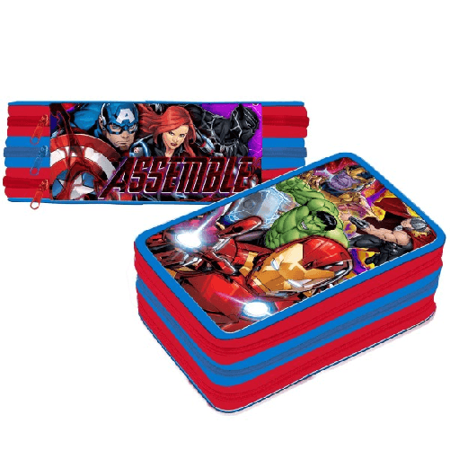 Astuccio Triplo Avengers Assemble 3 Zip Completo Accessoriato Bambini Scuola -