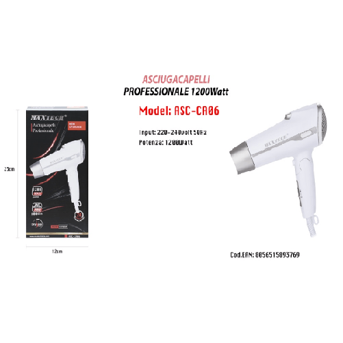 Maxtech-asciugacapelli Viaggio 1200w Richiudibile Con Beccuccio Phon 100 Km/h Asc-ca06 -