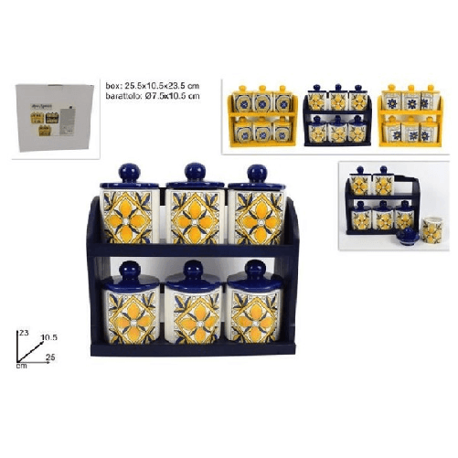 Trade Shop Traesio-set 6 Pz Barattoli In Ceramica Decorata Fantasia Decoro Maiolica Con Espositore -