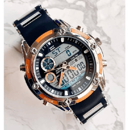 Orologio Polso Zcc 1313 Uomo Quarzo Dual Time Multifunzione Arancio Nero Silver -
