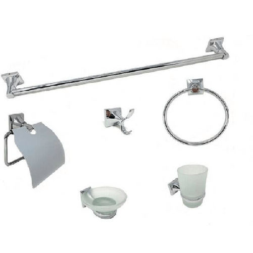 Set Bagno 6 Accessori Acciaio Vetro Portasaponetta Rotolo Spazzolini Asciugamano -