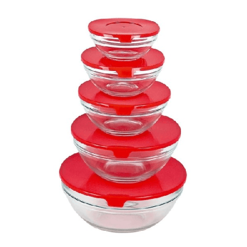 Trade Shop Traesio-set 5 Pezzi Contenitori Ciotola Ciotole Scodella Vetro Tappo Microoonde Freezer -