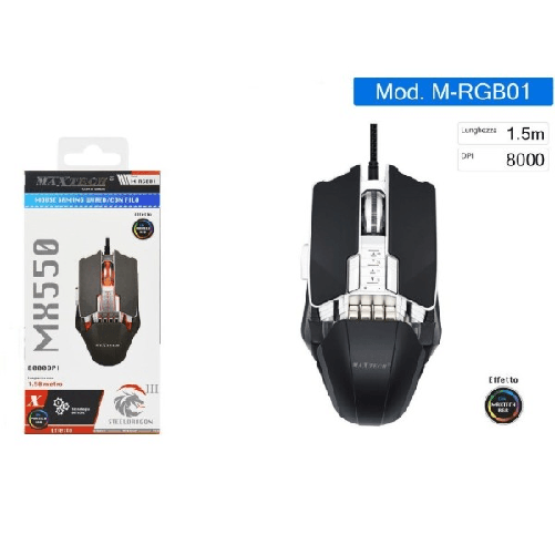 Maxtech-mouse Gaming Con Cavo Luci Rgb Pulsanti 8000 Dpi Per Laptop Pc Notebook M-rgb01 -