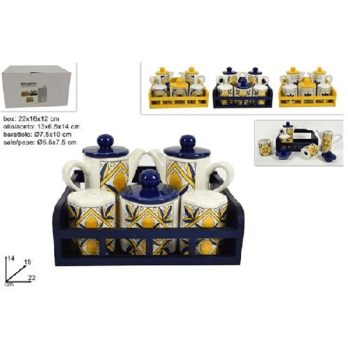 Trade Shop Traesio-set 5 Pz Menage In Ceramica Decorata Fantasia Maiolica Con Espositore Supporto -