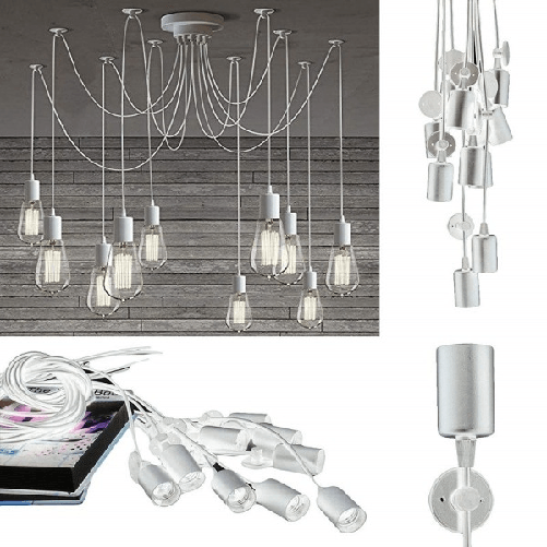 Trade Shop Traesio-lampadario 12 Pendenti Lampada Ragno Bianco Soffitto Sospensione Regolabili Portalampada E27 -