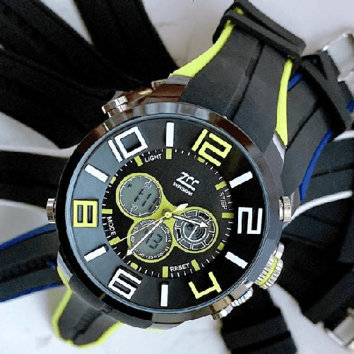 Orologio Polso Zcc Uomo Analogico Digitale Dual Time Sveglia Sport Giallo Nero -