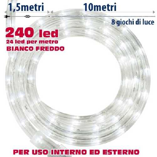Trade Shop Traesio-tubo Luminoso Natalizio 10 Metri Led Bianco Freddo Con Controller 8 Funzioni -