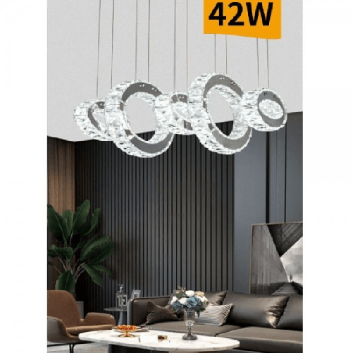 Trade Shop Traesio-lampadario Led A Sospensione 42watt 5 Anelli Con Cristalli Luce Fredda 8000k B58 -
