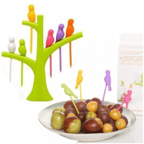 Trade Shop Traesio-set 2 Supporti Alberi 6 Porta Forchette Da Frutta Forma Uccellini Spiedini -