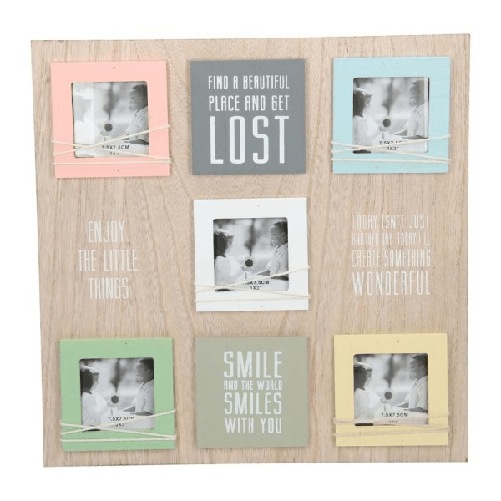 Trade Shop Traesio-cornice Quadro Porta Foto Da Parete Vintage Mdf 5 Posti Con Frasi Legno 38x38 Cm -