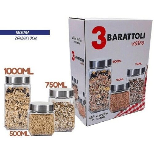 Trade Shop Traesio-set 3 Tris Barattoli Vetro Con Coperchio Metallo Contenitori Pasta Biscotti -