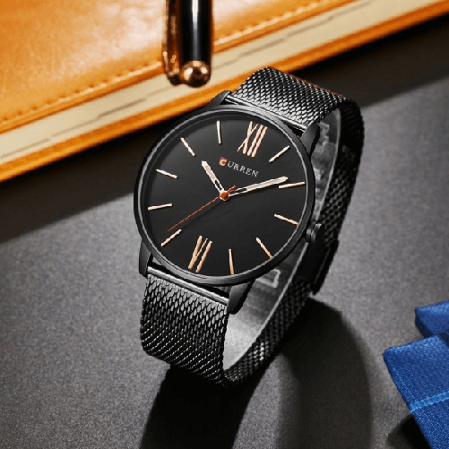Orologio Polso Curren 8238 Uomo Analogico Quarzo Maglia Nero Quad Nero -
