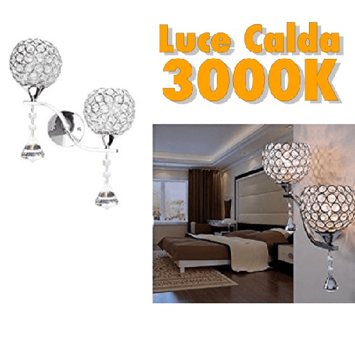 Trade Shop Traesio-applique Da Parete Doppia Lampada Tondo Cristalli Luce Led Caldo 3000 Lampadario -