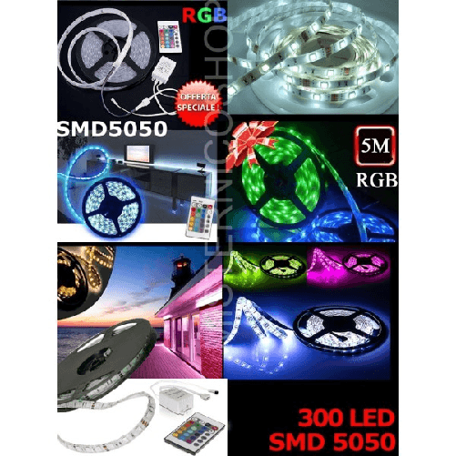 Trade Shop Traesio-striscia Led Colorata Rgb 5m Smd5050 Impermeabile Con Alimentatore E Telecomando -