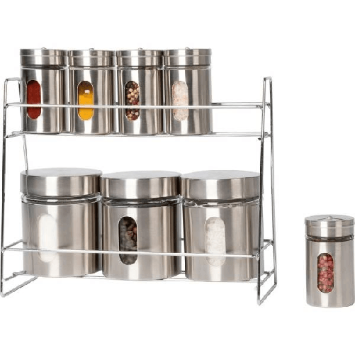Set 8 Pezzi Barattoli Portaspezie In Vetro Acciaio Inox Con Stand Cucina -