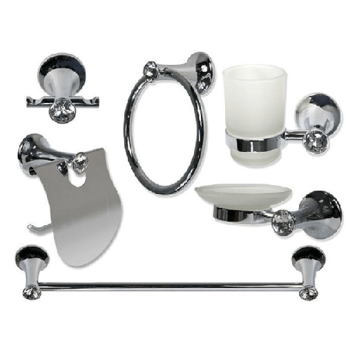 Set Bagno 6 Pz Acciaio E Vetro Punti Luce Cristalli Porta Rotolo Saponetta 52437 -