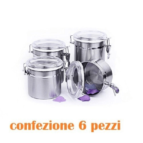 Trade Shop Traesio-set 6 Pezzi Barattolo In Acciaio Inox 10x16cm Alimenti Zucchero Caffè Cucina -