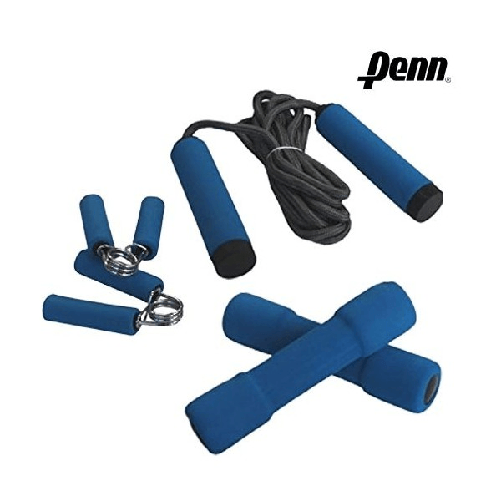 Trade Shop Traesio-kit Completo 3 Pezzi Ginnastica Pesi Stringenti E Corda Per Salto Penn Blu -