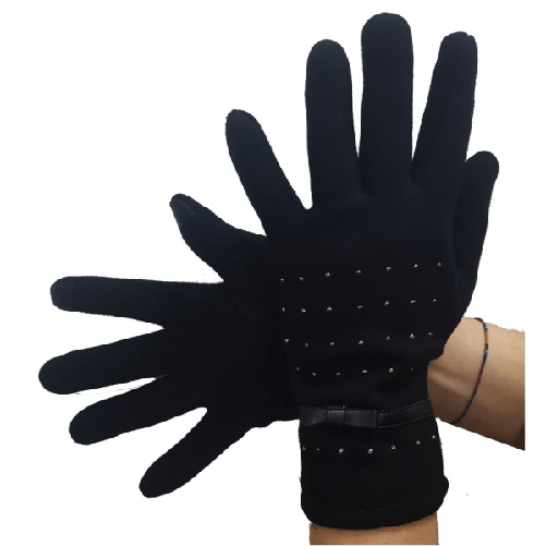Guanti Tessuto Cotone Donna Nero Fiocco Glitter Taglia 8 Gloves Fodera -