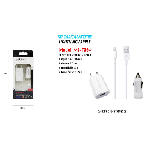 Maxtech-kit Caricabatterie Cellulare Smartphone Cavo Usb Cellulari Casa Auto Ms-t004 -