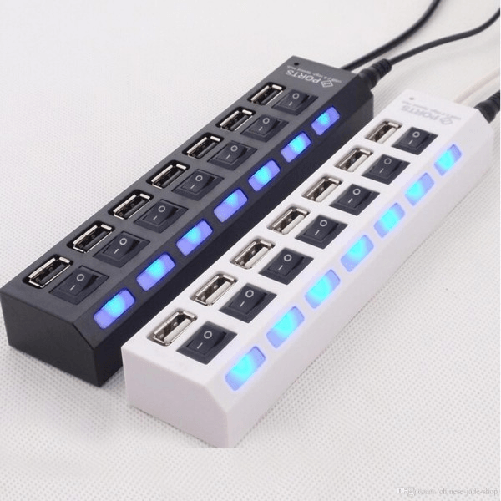 Ciabatta Usb Multipresa Hub Con 7 Porte Usb 2.0 Nera O Bianca E Led Blu -