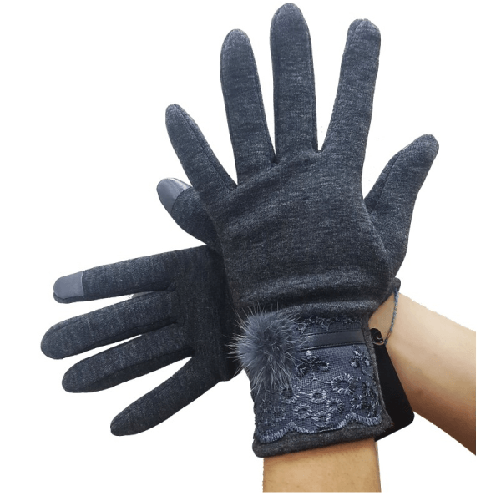 Trade Shop Traesio-guanti Tessuto Cotone Donna Grigio Pon Pon Pizzo Taglia 8 1/2 Gloves Fodera -