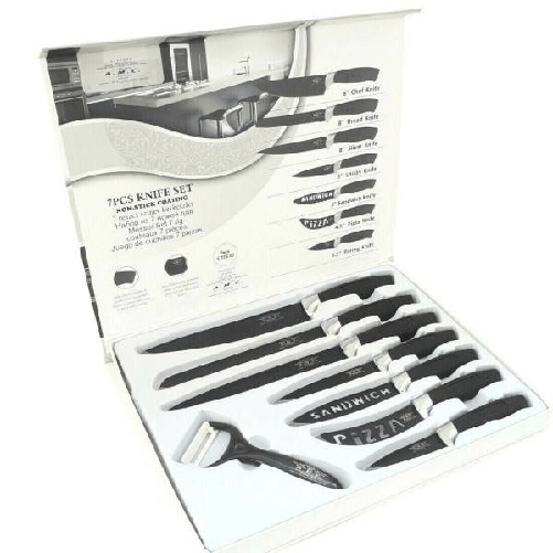 Set 7 Coltelli Da Cucina In Acciaio Manico Antiscivolo Piu Pelapatate Black -