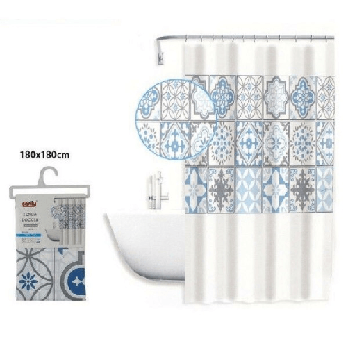 Tenda Doccia Antimuffa Impermeabile 180x180cm Con Anelli Maioliche Azzurri 59530 -