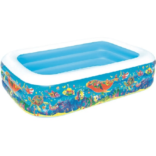 Trade Shop Traesio-piscina Gonfiabile Family Rettangolare 3 Anelli Fantasia Pesci 229x152x56cm 54120 -