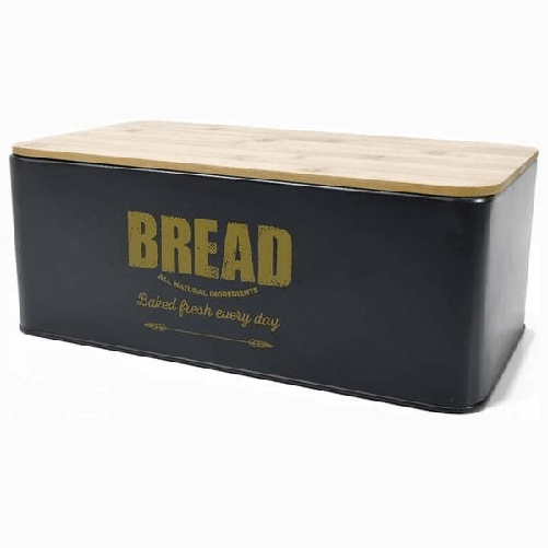Trade Shop Traesio-contenitore Portapane Vintage Nero Coperchio Tagliere In Legno Latta Alimenti -