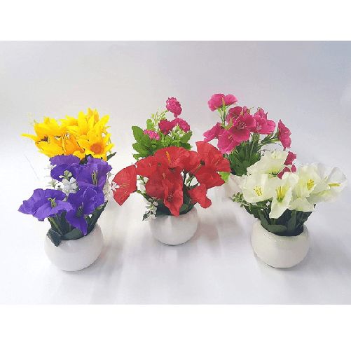 Pianta Fiori Finti Colorati Vaso Tondo Bianco Ceramica Decorazione Artificiali -