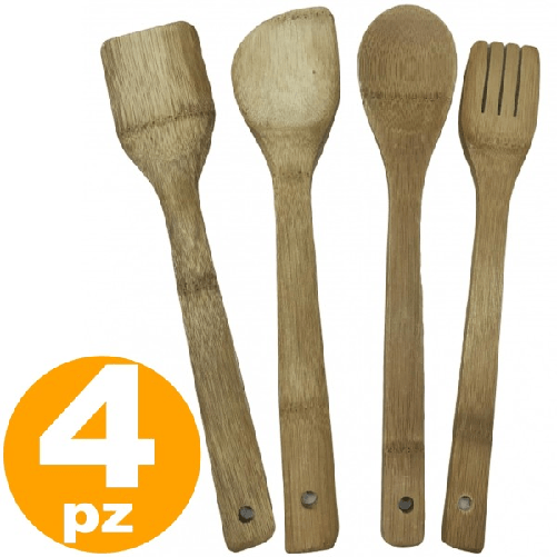 Trade Shop Traesio-set 4 Utensili Da Cucina In Bamboo Legno Mestolo Forchettone Forchetta Spatola -
