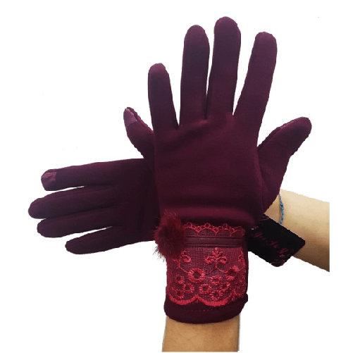 Trade Shop Traesio-guanti Tessuto Cotone Donna Bordeaux Pon Pon Pizzo Taglia 8 1/2 Gloves Fodera -