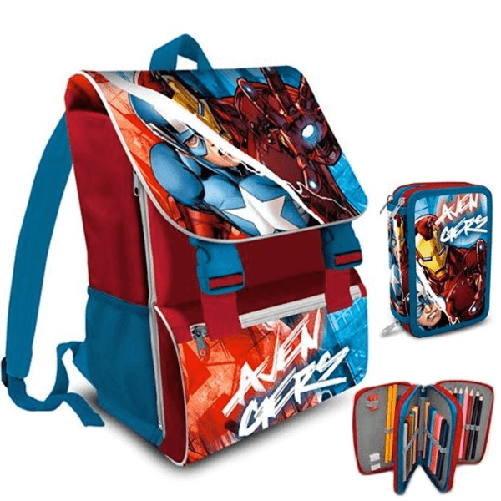 Trade Shop Traesio-zaino Scuola Estensibile Avengers Cartella + Astuccio Completo 3 Zip Elementari -
