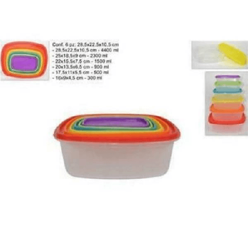 Set 6 Pz Contenitori In Plastica Rettangolari Con Coperchio Per Alimenti -