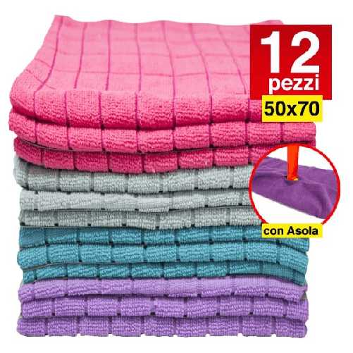 12 Panni Microfibra 50x70 Cm Senza Asola Panno Pulizia Multiuso Lava Pavimenti -