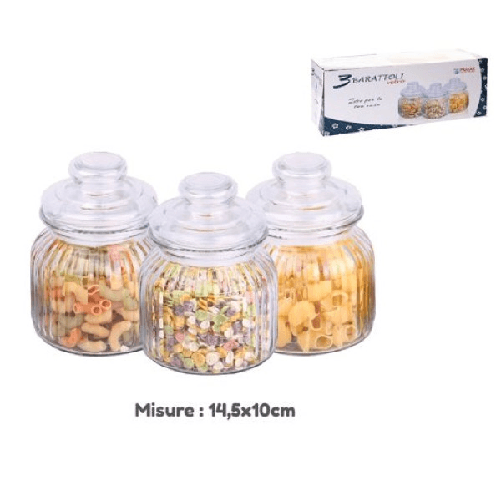 Trade Shop Traesio-set 3 Tris Barattoli Con Coperchio Vetro 14.5x10cm Cucina Pasta Biscotti 710916 -