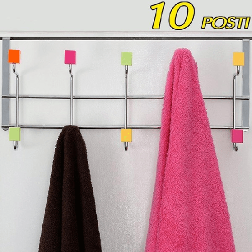 Attaccapanni Per Porta Appendiabiti In Metallo 10 Posti Pomelli Colorati 50x21cm -