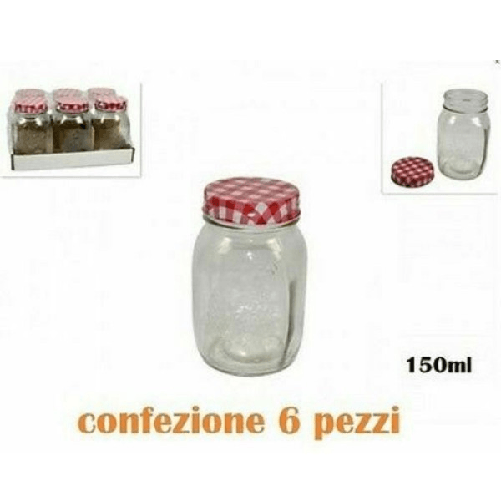 Trade Shop Traesio-set 6 Pezzi Barattolo Vetro Contenitore Con Tappo Colorato Tovaglia 150ml -