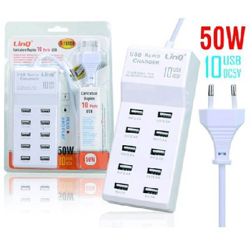 Linq-multipresa Caricatore Rapido 50 Watt A 10 Porte Usb Dc5v T-10a08 Per Smartphone -