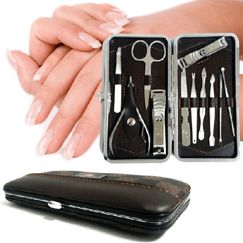 Trade Shop Traesio-kit Professionale Manicure Pedicure Sopracciglia 11 Pezzi In Custodia Ecopelle -