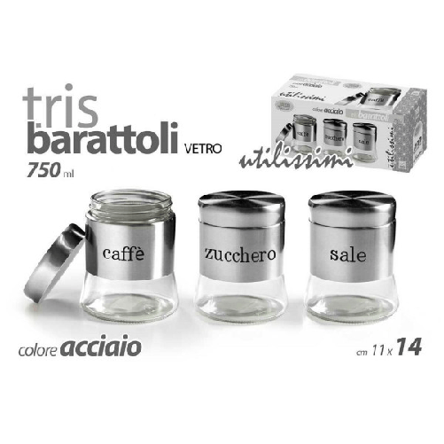 Kaela-tris Barattoli Barattolino 750ml 11x14cm Vetro Sale Zucchero Caffe 772016 Acciaio -