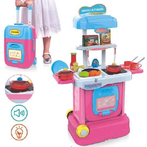Cucina Giocattolo Bambini Fornello Luci Suoni Richiudibile In Trolley Accessori -