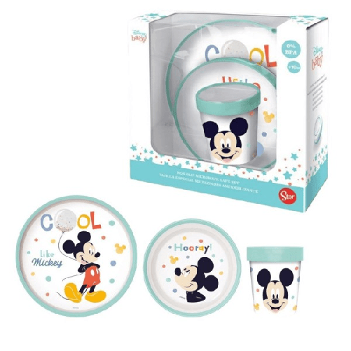 Set Pappa Topolino Bicchiere Piatti Antiscivolo Azzurro Bambini Prima Pappa -