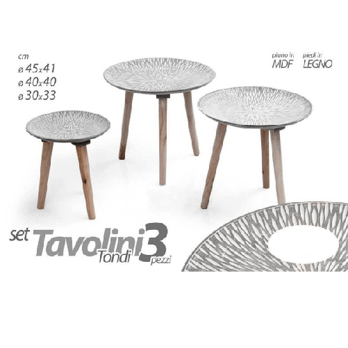 Set 3 Tavolini Tavolo Mdf Piedi Legno Salotto Giardino ø45-40-30cm Tondi 783944 -