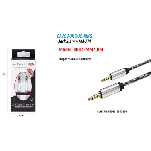 Cavo Audio Jack 3,5mm Maschio Am/am 3mt Prolunga Aux Cuffie Smartphone Maxtech Aux3-mm3.0m -
