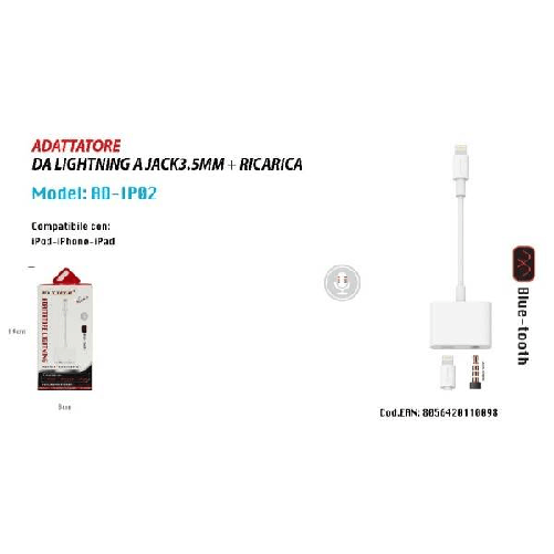 Adattatore Lightning Jack 3.5mm Ricarica Bluetooth Ipod Ipad Maxtech Ad-ip02 -