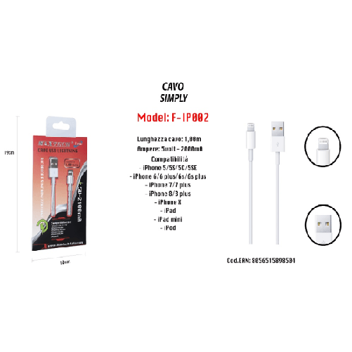 Maxtech-cavo Usb Simply Ricarica Per Iphone Ipad Ipod 1 Mt 5volt-2000ma Maxtech F-ip002 -
